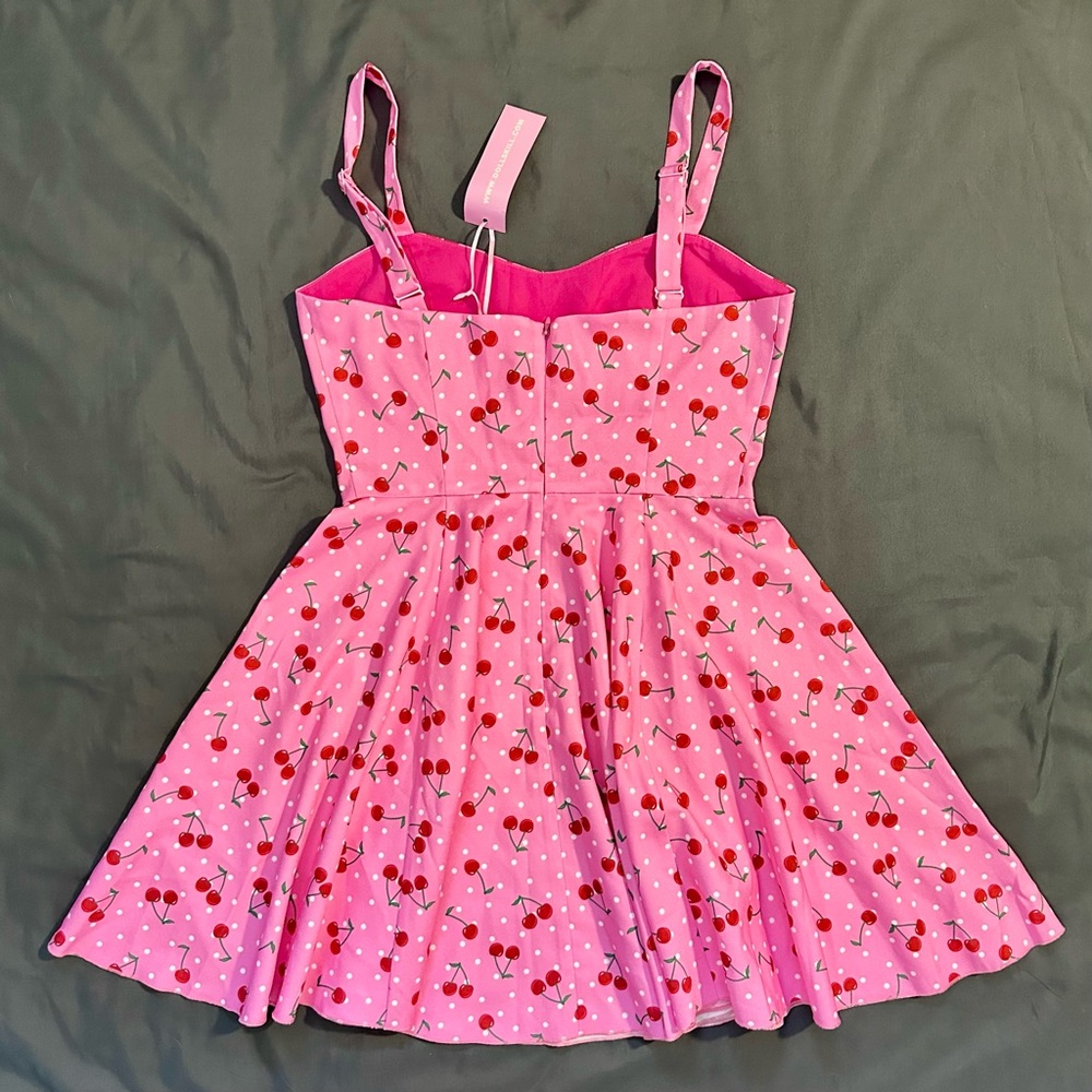 Sugar Thrillz Cherry Munroe Mini Dress Pink Cherry Print BNWT Small Dollskill - Picture 4 of 10